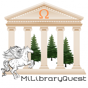 Text stating MiLibraryQuest and a pegasus in front of columns and pine trees behind them
